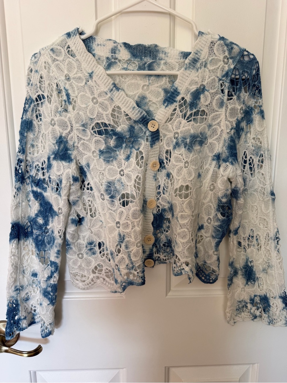 Blue and White Lace Tie-Dye Button Cardigan
